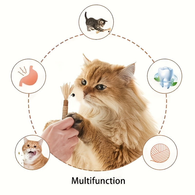 Cat Toy - (4)Pack Natural Sisal Cat Bite Sticks With Small Bell - Teeth Cleaning