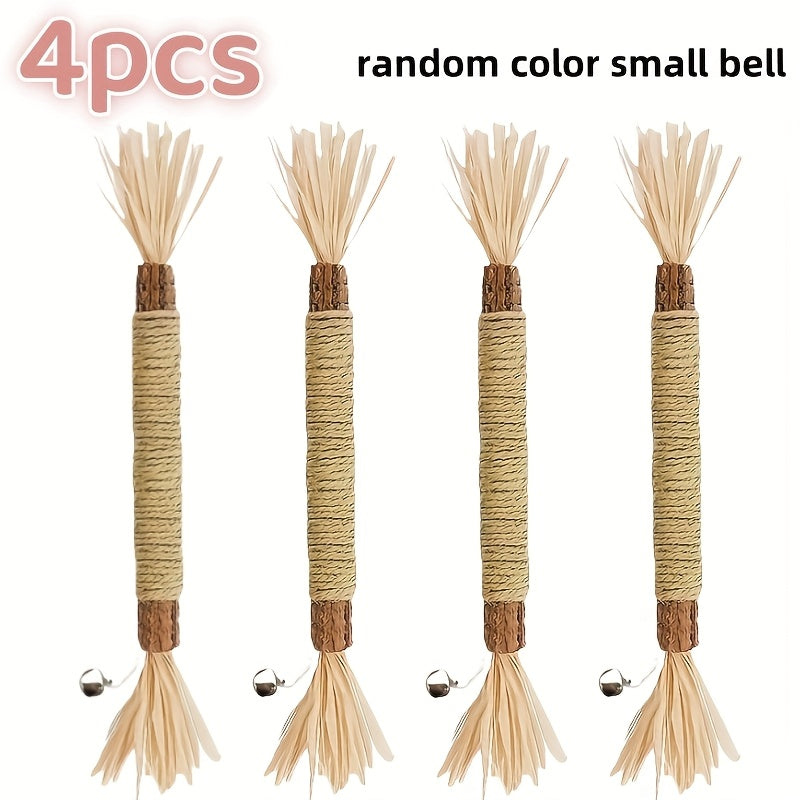 Cat Toy - (4)Pack Natural Sisal Cat Bite Sticks With Small Bell - Teeth Cleaning