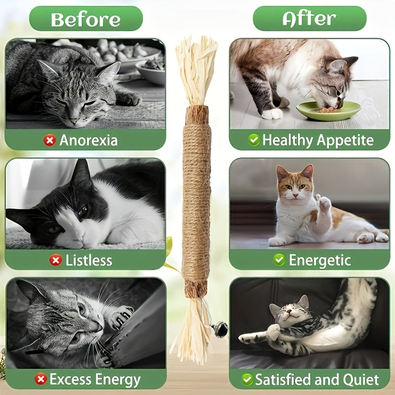 Cat Toy - (4)Pack Natural Sisal Cat Bite Sticks With Small Bell - Teeth Cleaning