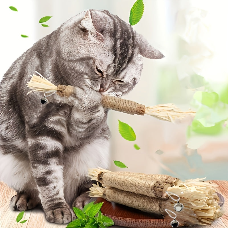 Cat Toy - (4)Pack Natural Sisal Cat Bite Sticks With Small Bell - Teeth Cleaning