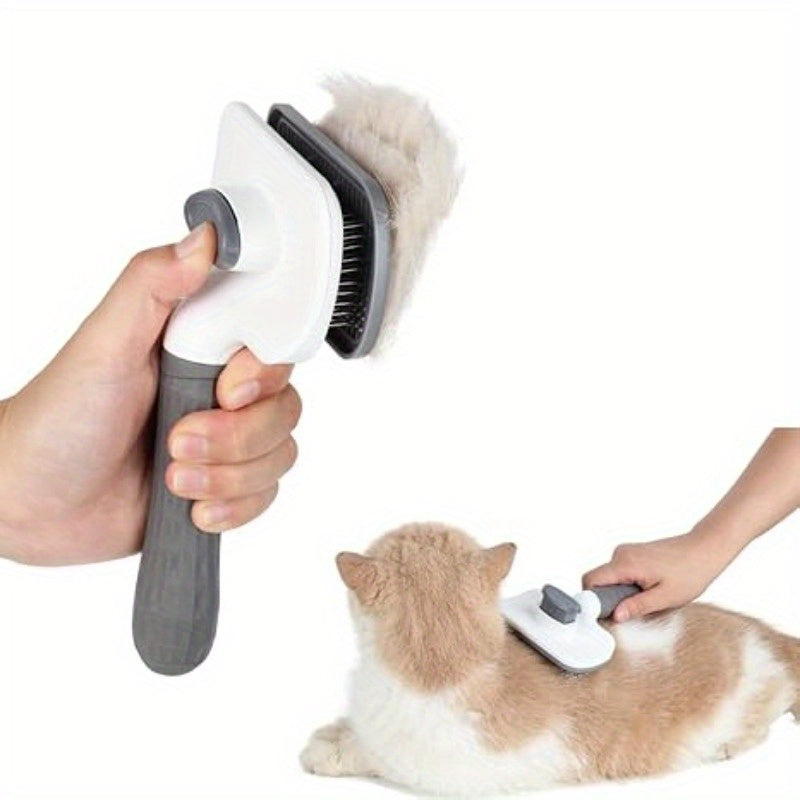 Self-cleaning cat grooming brush with one-click retractable bristles