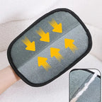 Gray mitt with yellow arrows showing how textured mesh captures loose cat hair
