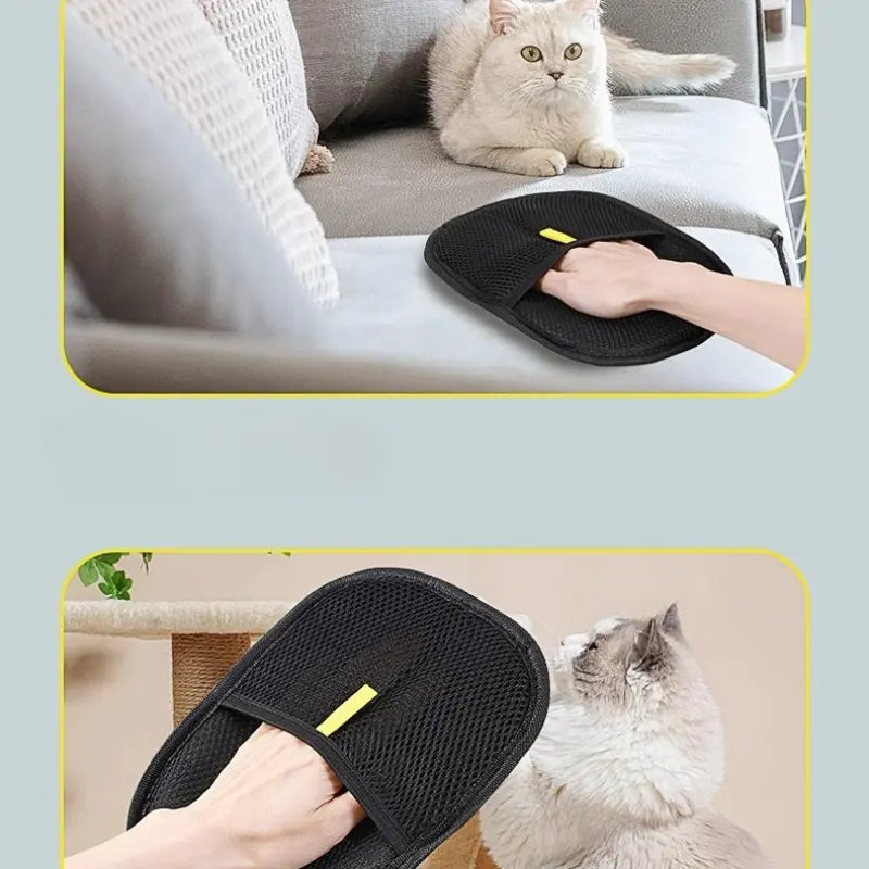 White cat and silver tabby being brushed with the mitt on a couch and cat tree