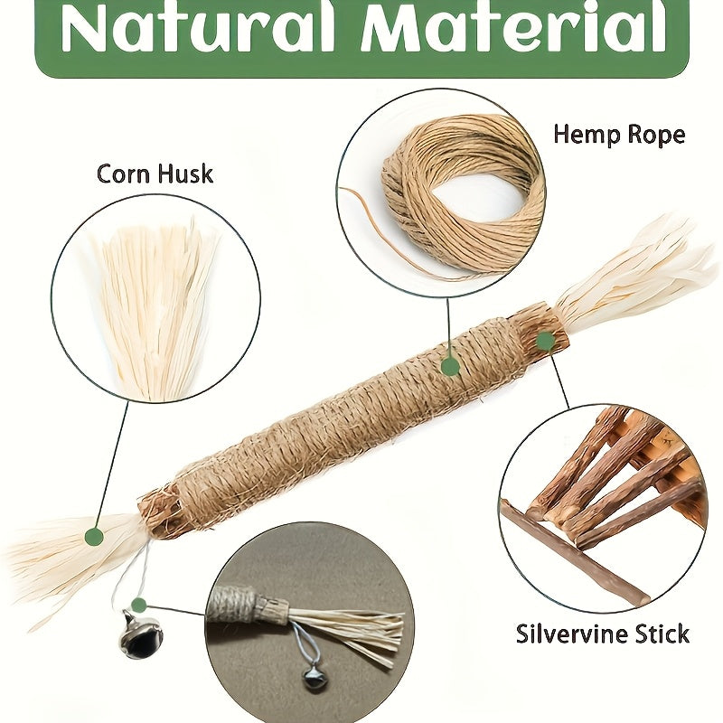 Cat Toy - (4)Pack Natural Sisal Cat Bite Sticks With Small Bell - Teeth Cleaning