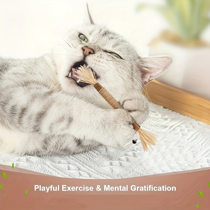 Cat Toy - (4)Pack Natural Sisal Cat Bite Sticks With Small Bell - Teeth Cleaning