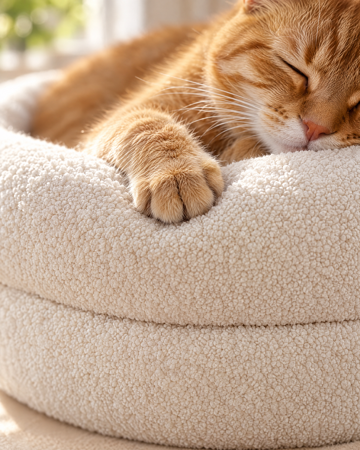 Close-up of a ginger cat's paw on the teddy fleece rim of the Happy Cat Nest bed