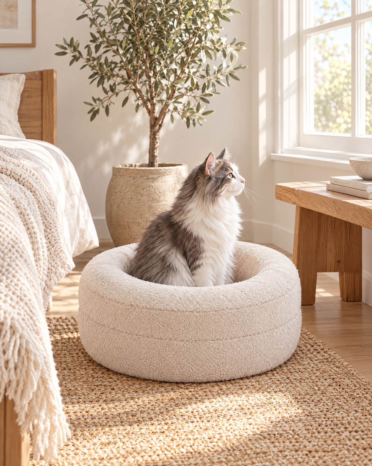 Long-haired cat sitting in the Happy Cat Nest bed beside a bedroom window