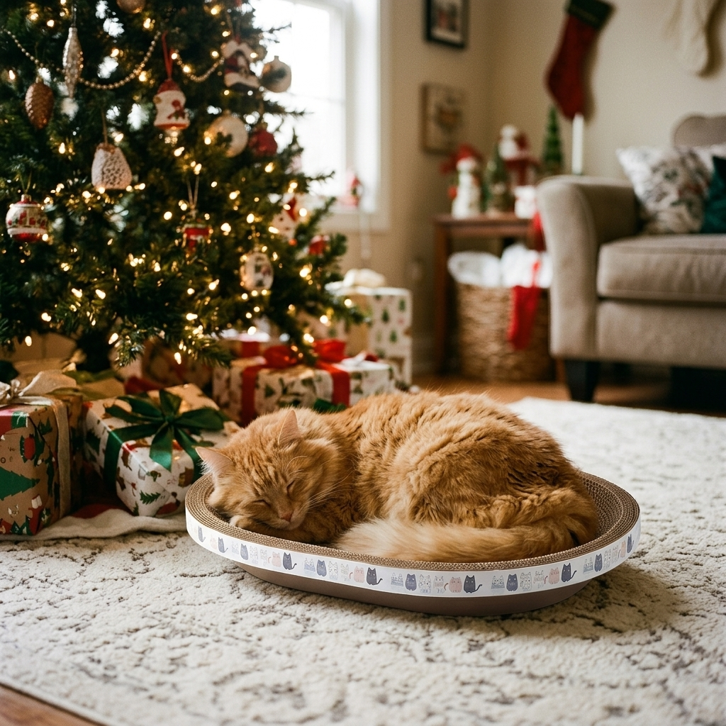 Orange tabby curled up in Triple-Tier cardboard scratcher beside a decorated Christmas tree