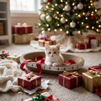 Cream kitten in Triple-Tier scratcher with wrapped Christmas presents and a red ribbon