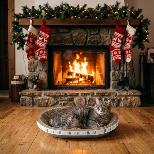 Gray tabby lounging in Triple-Tier cardboard scratcher by a lit fireplace with stockings