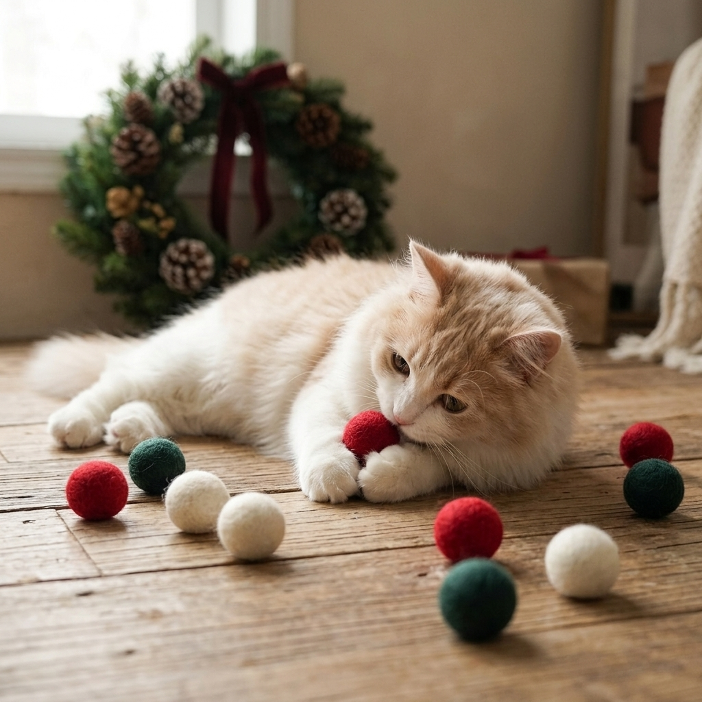 Cream cat holding a red wool felt pom-pom ball between its paws, Christmas wreath background