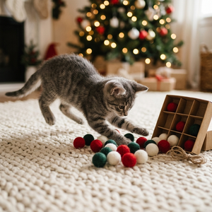 Gray tabby kitten pouncing on scattered red white and green wool balls