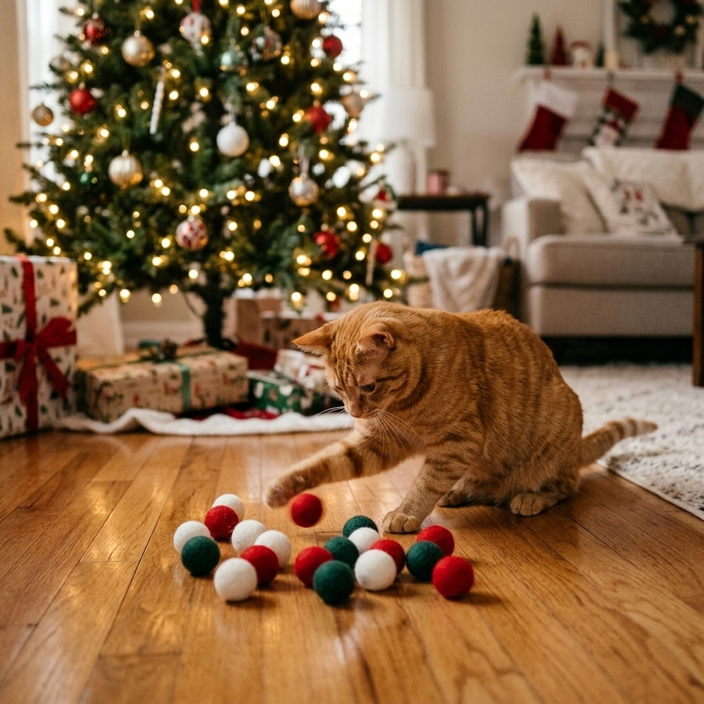 Orange tabby batting Christmas wool felt pom-pom balls by a decorated tree