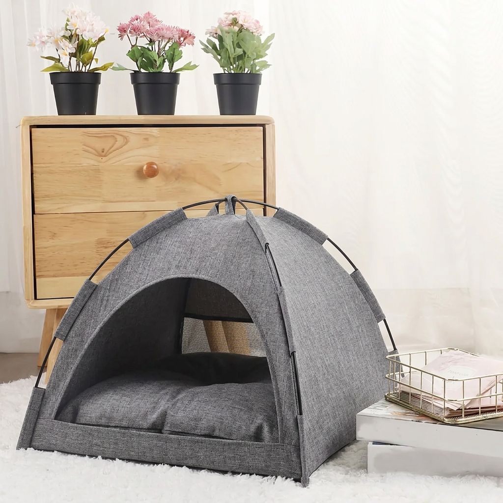 Grey cat tent in cozy home setting
