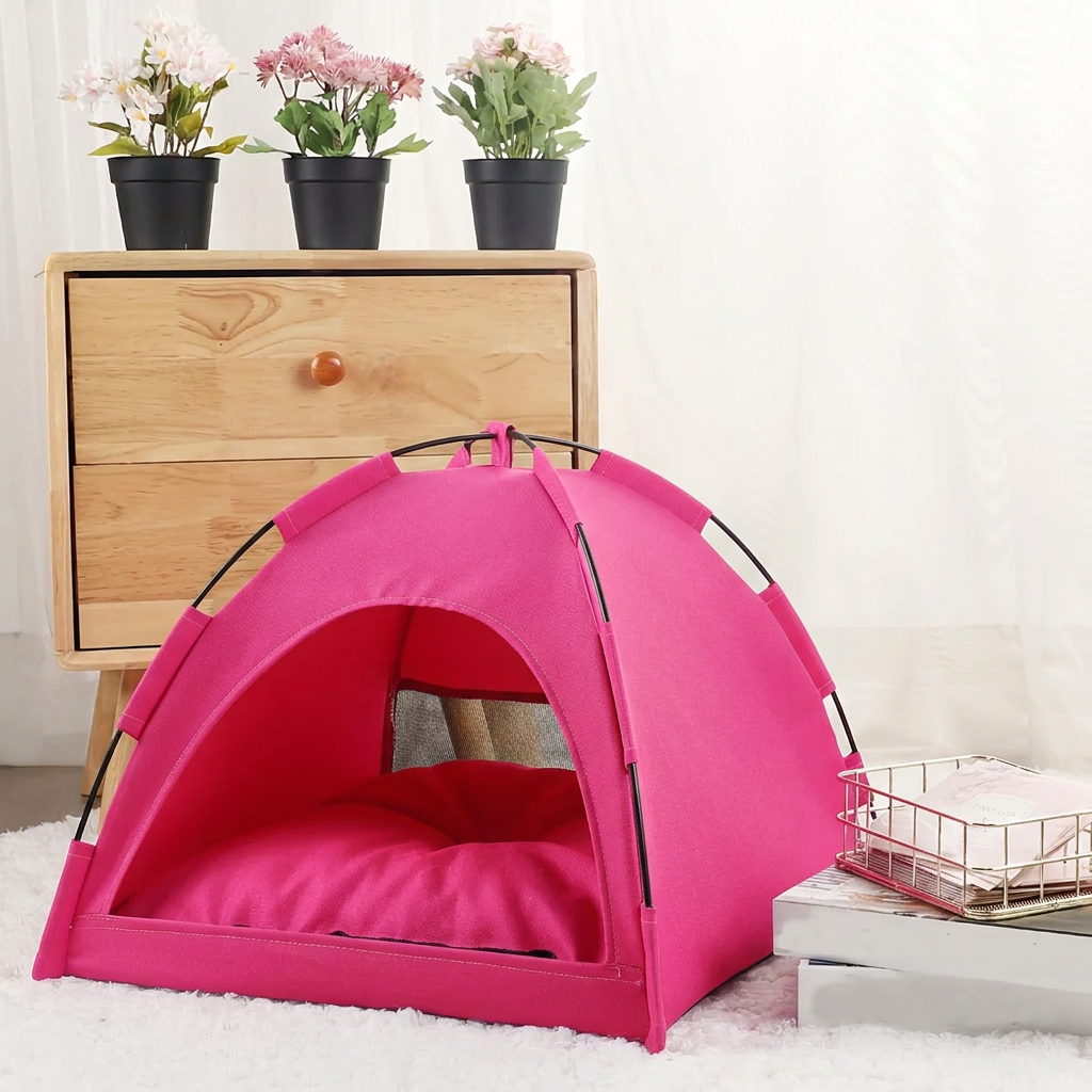 Rose Red cat tent in cozy home setting