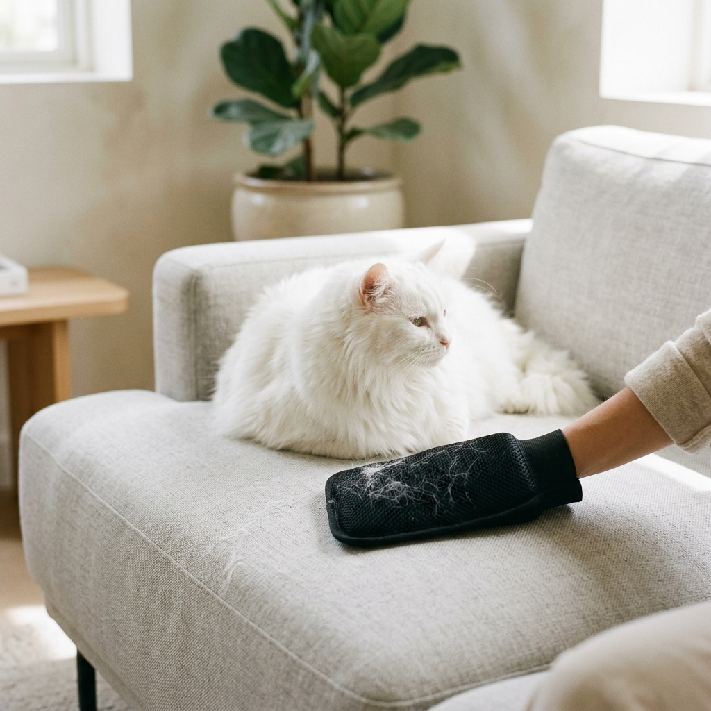 Fluffy white longhaired cat lying on a pale-gray couch while a hand gently sweeps the black mesh mitt across the cushion, collecting cat hair on the mesh
