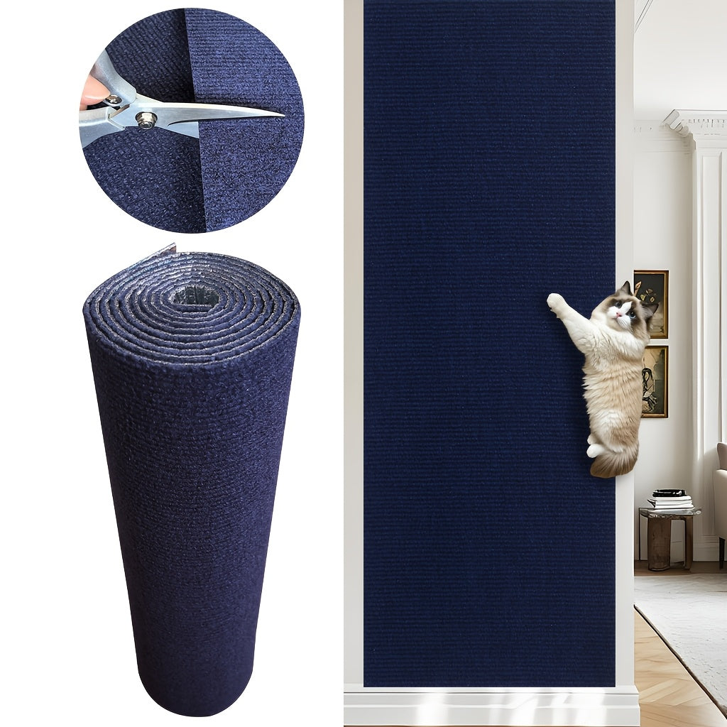 Scratch Guard Mat in blue, roll + cat scratching on a wall